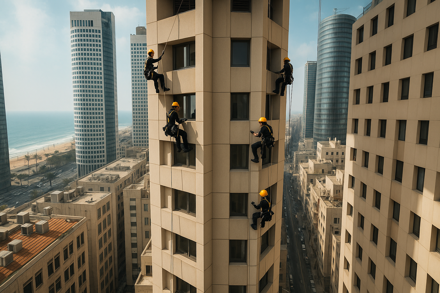 Industrial climbing workers on building